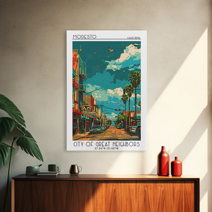 Modesto Travel Poster, Canvas Print, Travel Wall Art, City Wall Art, City Illustration, Travel Print, Vintage Poster, City Art Print