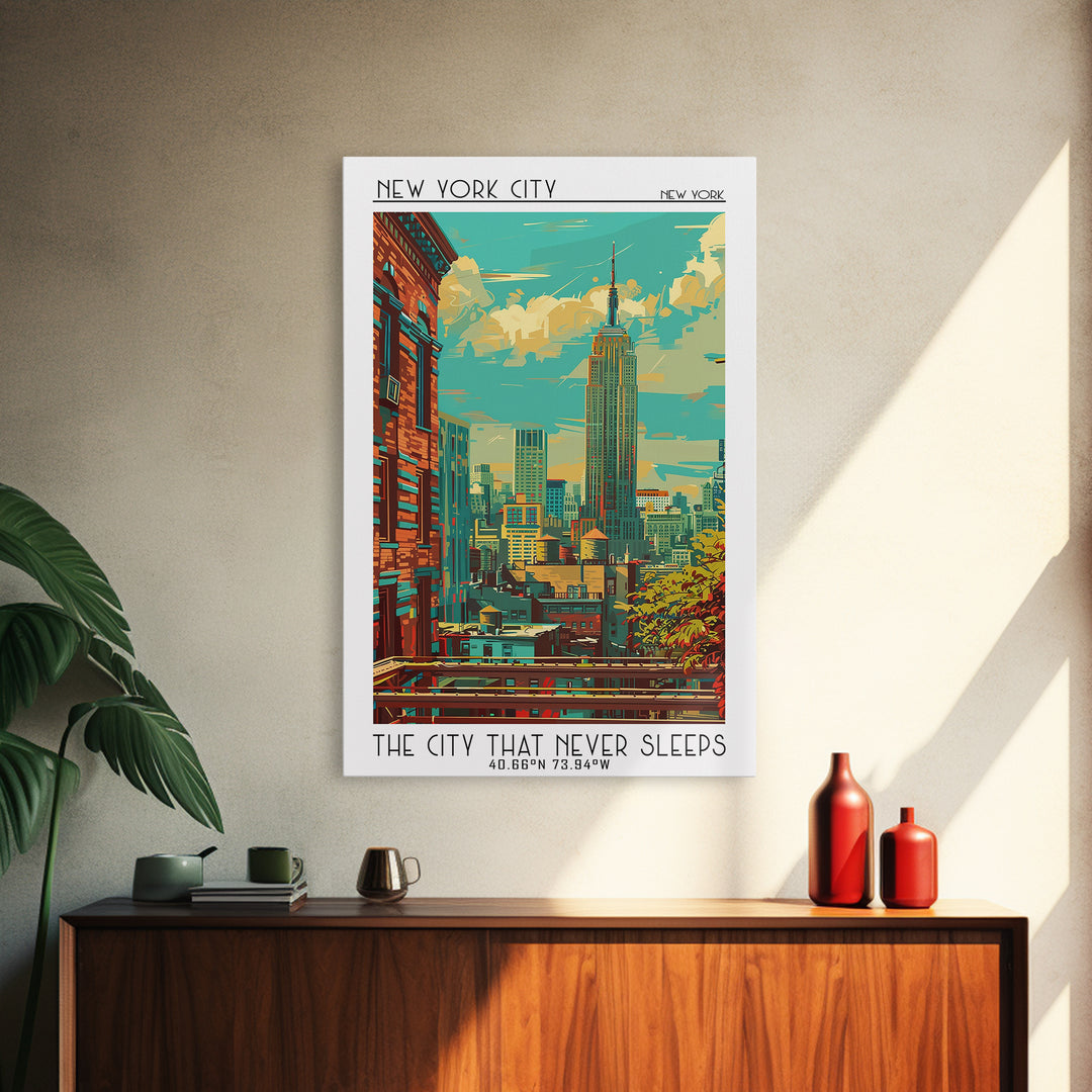 New York Travel Poster, Framed Canvas Print, Travel Wall Art, City Wall Art, Retro Wall Art, Mid Century Wall Art, Colorful Wall Art