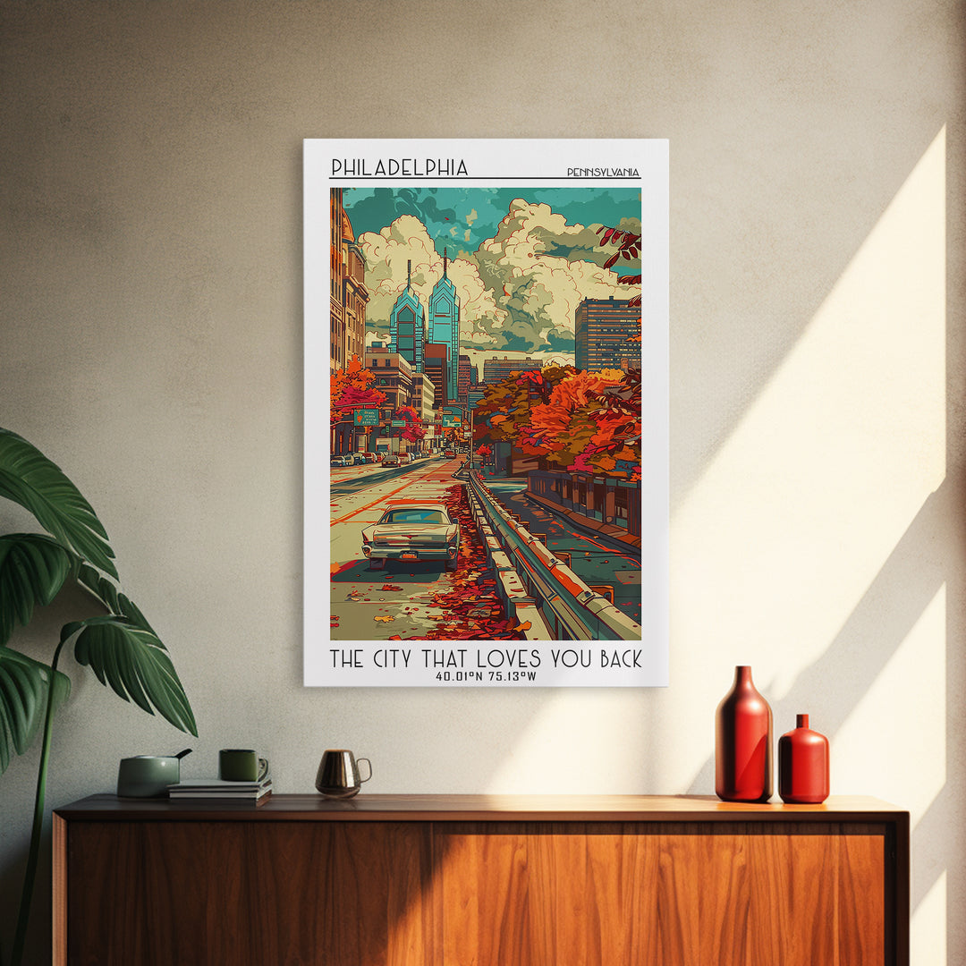Philadelphia Travel Poster, Framed Canvas Print, Retro Wall Art, Travel Print, Travel Wall Decor, City Wall Art, Retro Travel Poster