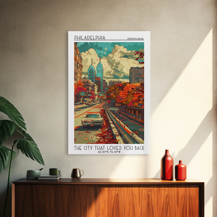 Philadelphia Travel Poster, Framed Canvas Print, Retro Wall Art, Travel Print, Travel Wall Decor, City Wall Art, Retro Travel Poster