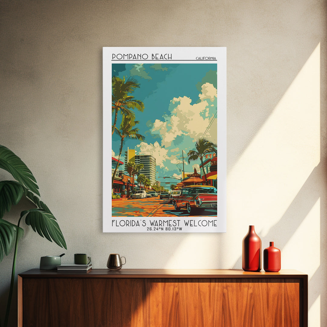 Pompano Beach Travel Poster, Framed Canvas Print, Travel Wall Art, City Wall Art, Vintage Poster, Vintage Travel Art, Travel Posters