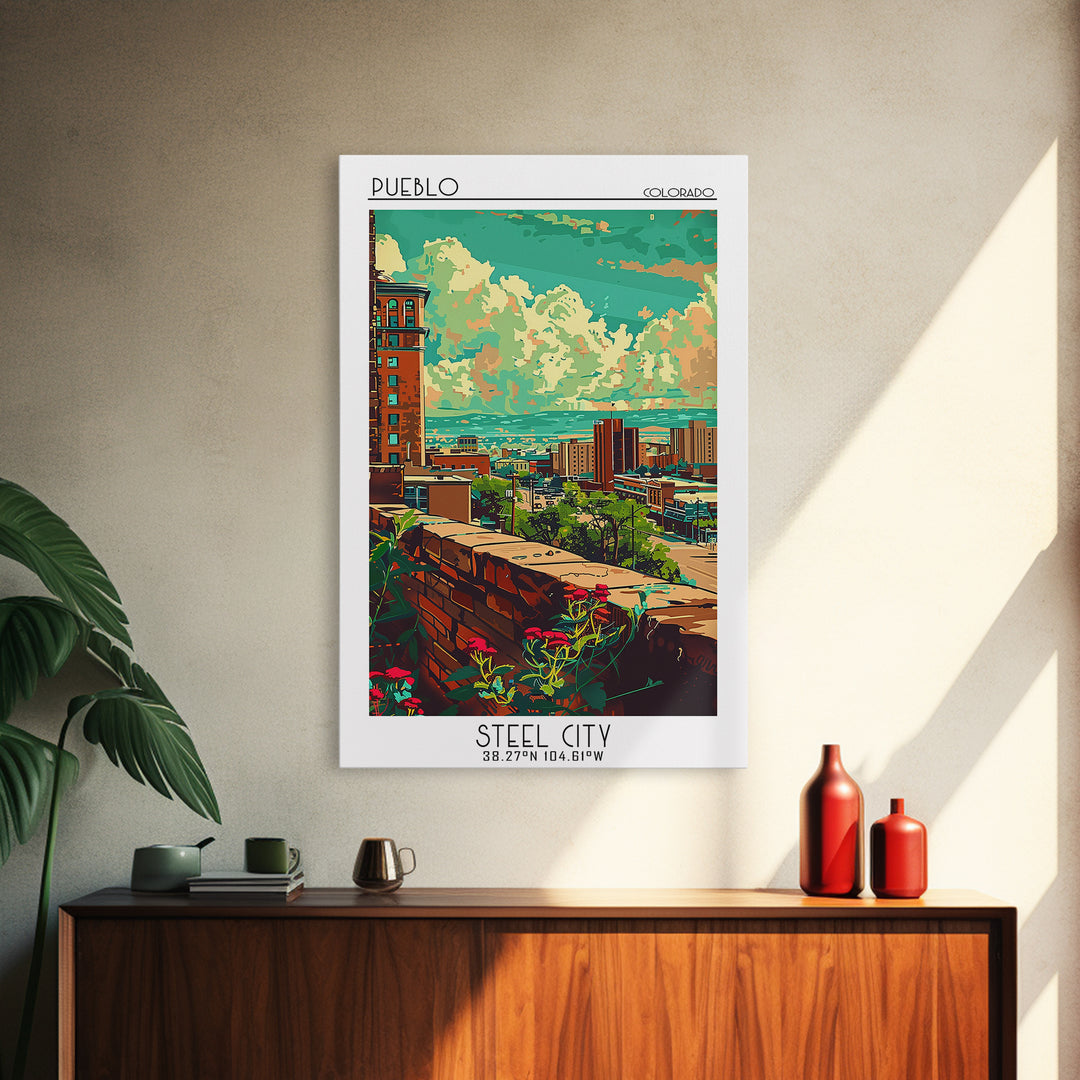 Pueblo Travel Poster, Framed Canvas Print, Retro Wall Art, Travel Print, Home Decor, Watercolor Cityscape, Wall Art, Wanderlust Gift