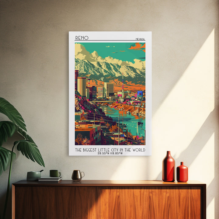 Reno Travel Poster, Framed Canvas Print, Travel Wall Art, City Wall Art, Wall Art, Art Print, Retro Travel Poster, Home Office Decor