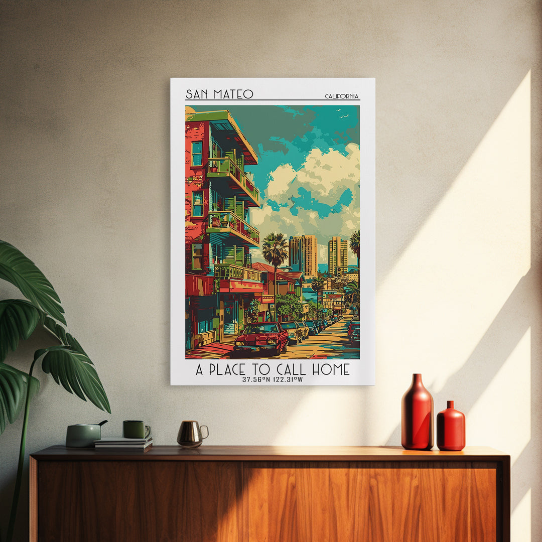 San Mateo Travel Poster, Framed Canvas Print, Retro Travel Poster, City Wall Art, Travel Art Print, Minimalist Poster, Landscape Art