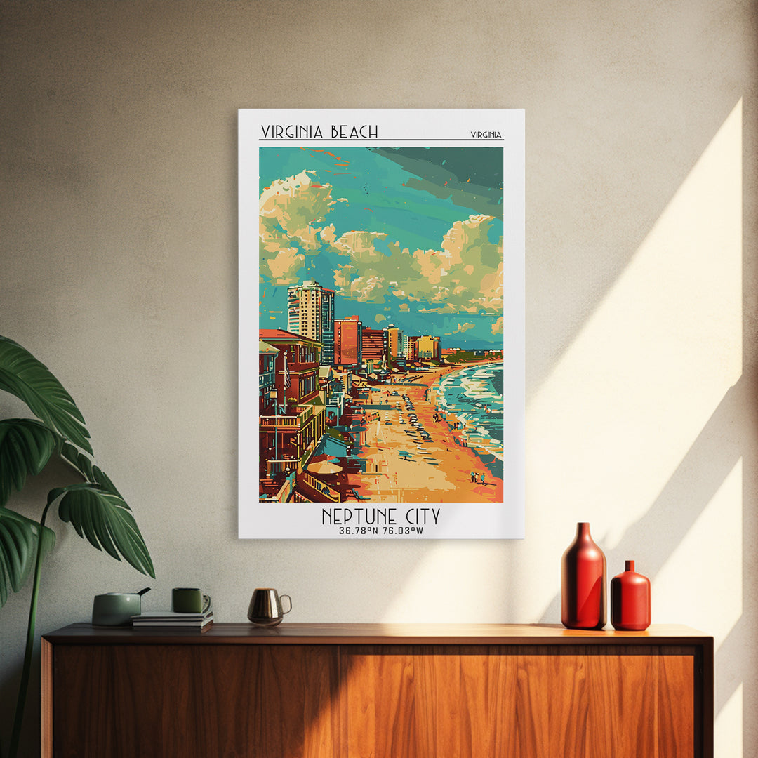 Virginia Beach Travel Poster, Framed Canvas Print, Poster Print, Travel Wall Art, Travel Wall Decor, Art Print, Mid Century Wall Art