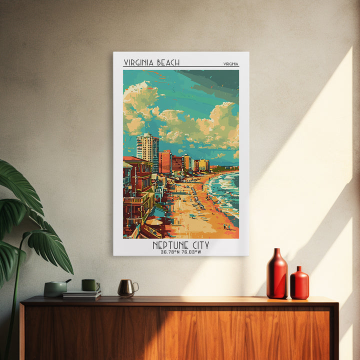 Virginia Beach Travel Poster, Framed Canvas Print, Poster Print, Travel Wall Art, Travel Wall Decor, Art Print, Mid Century Wall Art