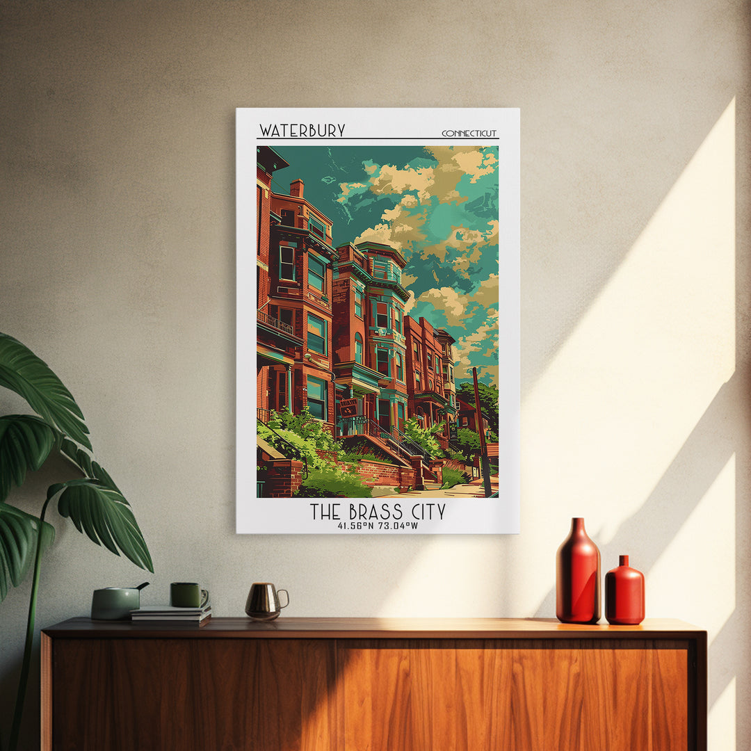 Waterbury Travel Poster, Framed Canvas Print, Poster Print, Travel Wall Art, Travel Art Print, Mid Century Wall Art, Wanderlust Gift