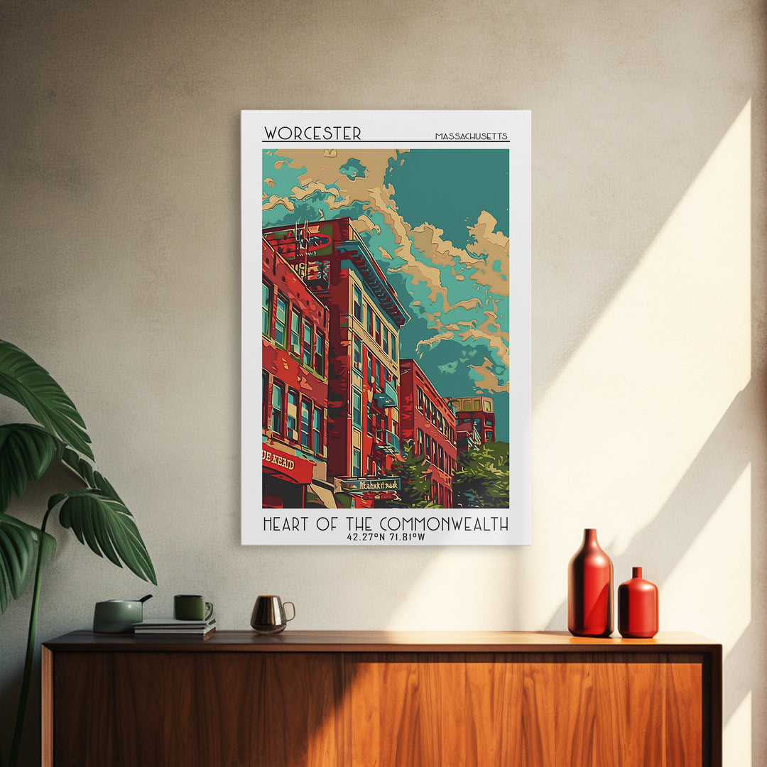Worcester Travel Poster, Framed Canvas Print, Travel Prints, Landscape Art, Living Room Wall Art, Watercolor Cityscape, Travel Print