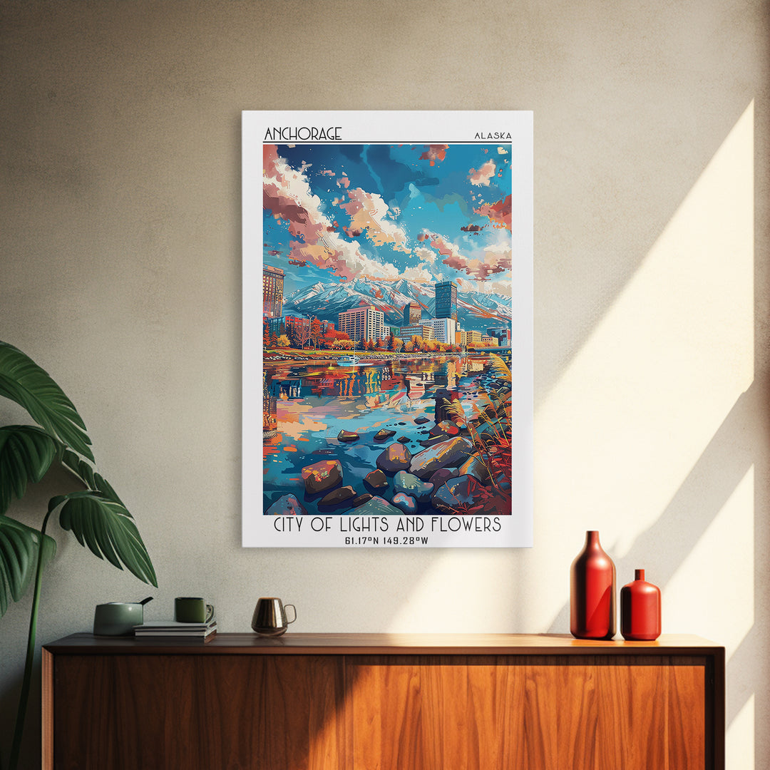 Anchorage Travel Poster, Framed Canvas Print, Retro Travel Poster, City Wall Art, Wanderlust Gift, City Illustration, Vintage Travel