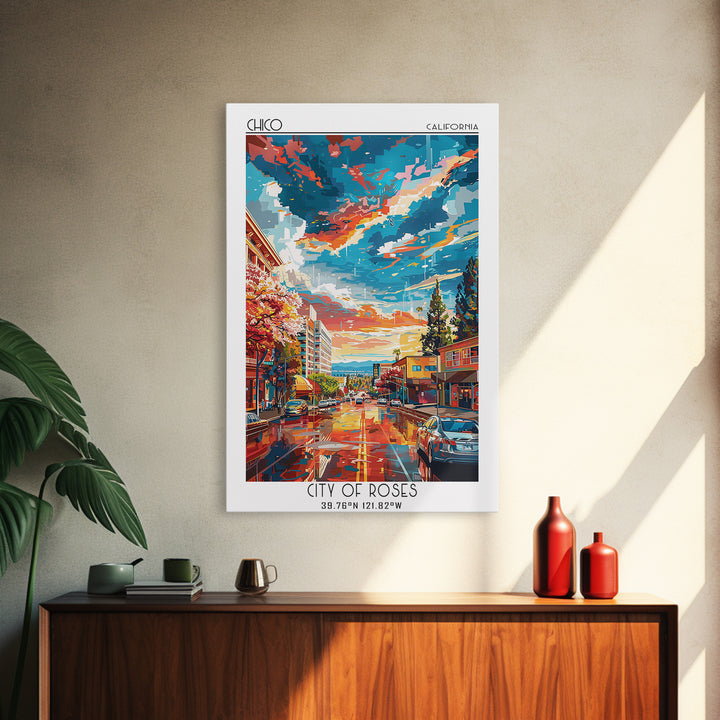Chico Travel Poster, Framed Canvas Print, Travel Prints, Landscape Art, Art Print, Vintage Poster, City Wall Art, Retro Travel Print