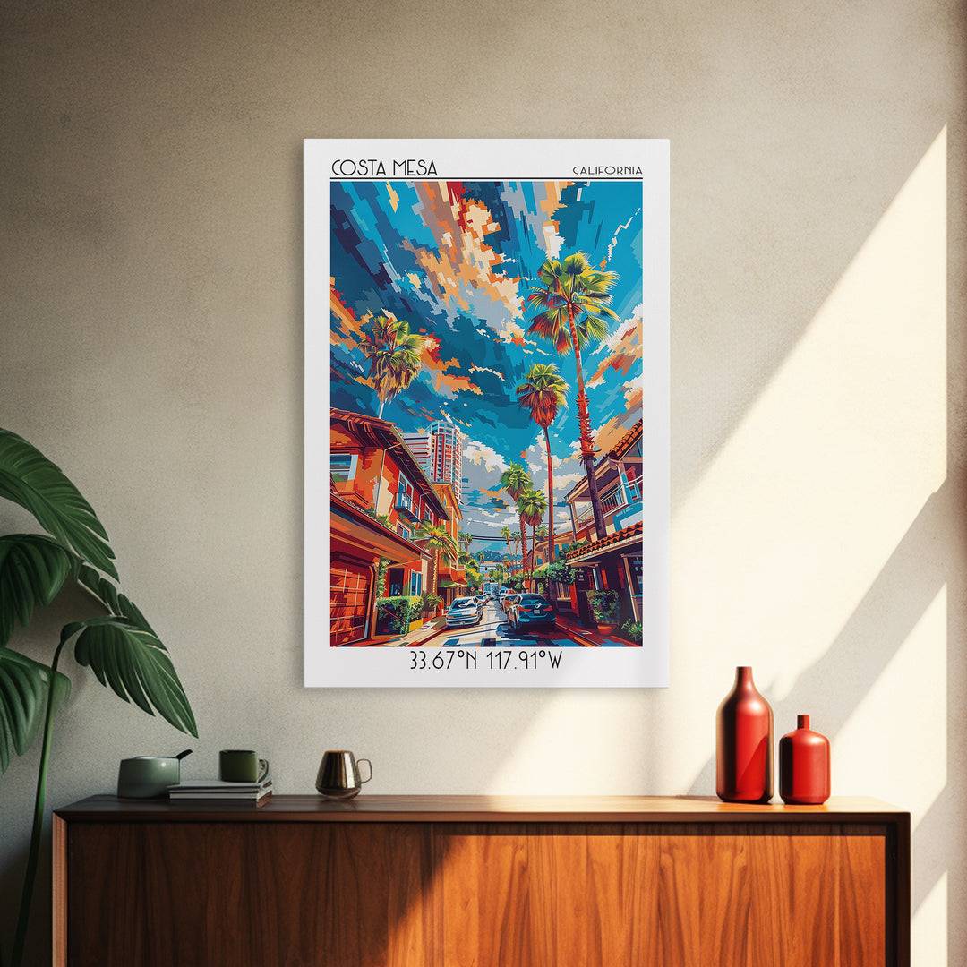 Costa Mesa Travel Poster, Framed Canvas Print, City Travel Poster, Vintage City Poster, Wall Art, City Illustration, Wanderlust Gift