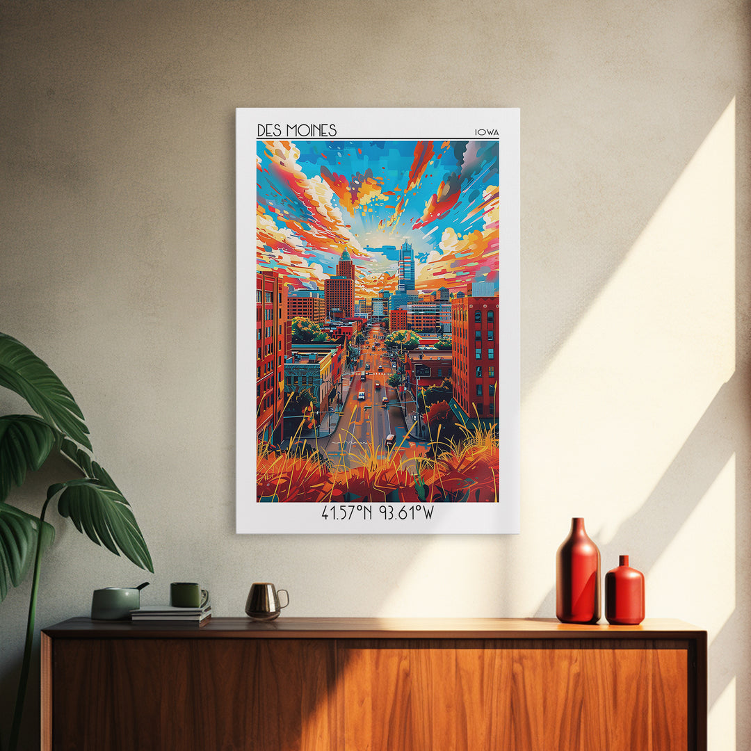 Des Moines Travel Poster, Canvas Print, Travel Wall Art, City Wall Art, City Illustration, Mid Century Wall Art, Retro Travel Poster