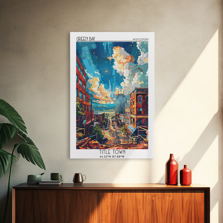 Green Bay Travel Poster, Framed Canvas Print, Retro Wall Art, Travel Print, Vintage Travel Art, Mid Century Wall Art, City Art Print