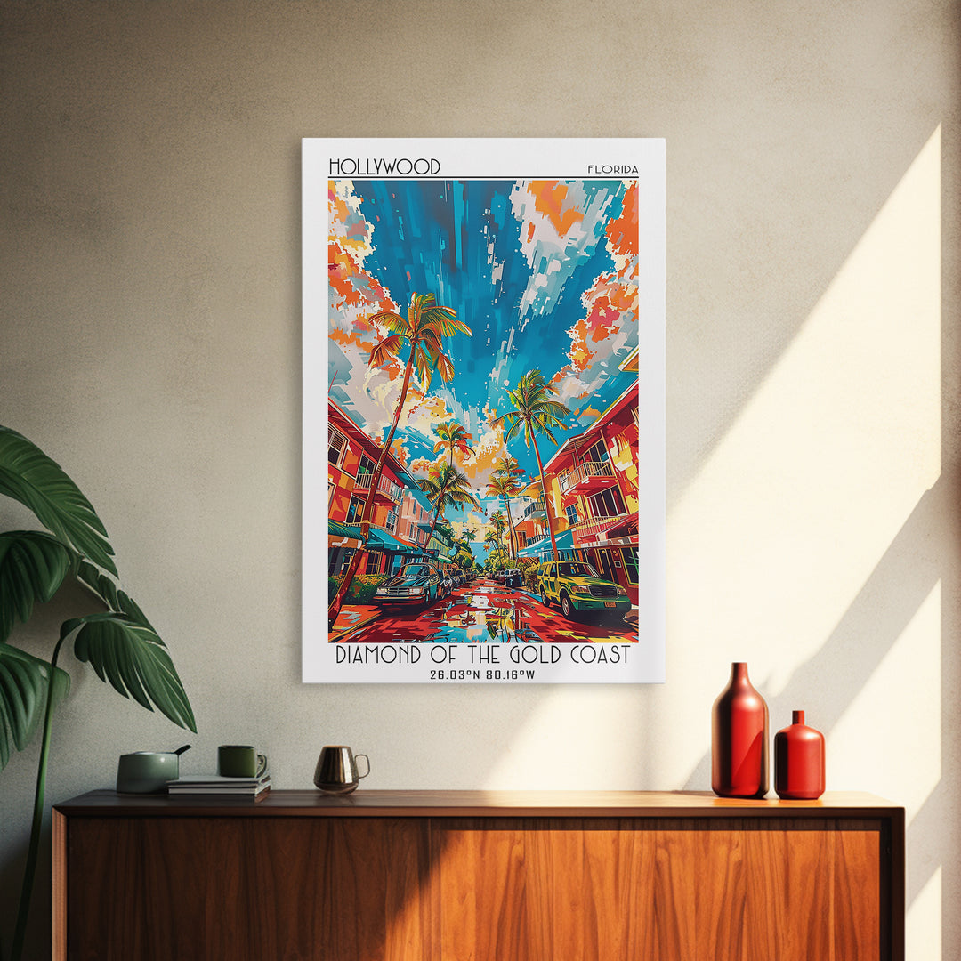 Hollywood Travel Poster, Canvas Print, Travel Prints, Landscape Art, Mid Century Wall Art, Home Decor, Travel Decor, Travel Wall Art