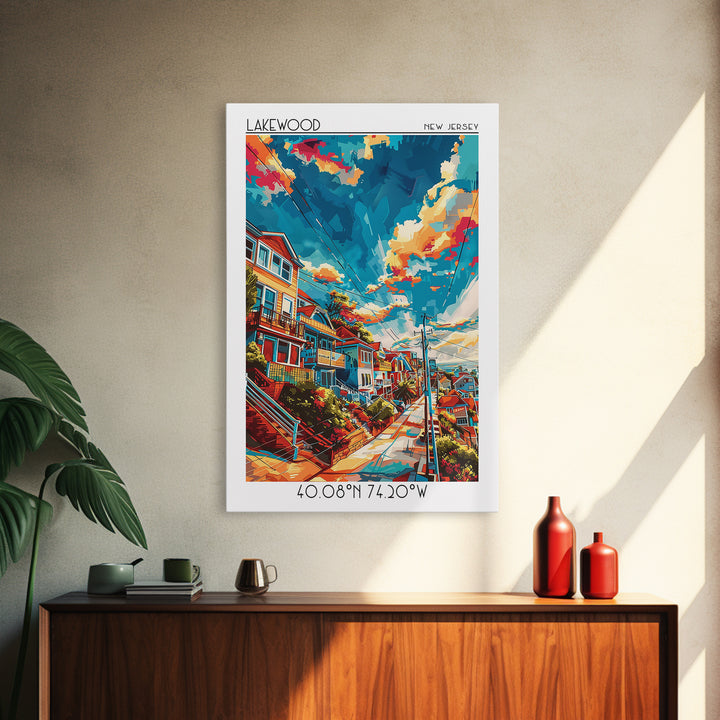 Lakewood New Jersey Travel Poster, Framed Canvas Print, Vintage Travel Print, City Wall Art, City Illustration, Mid Century Wall Art