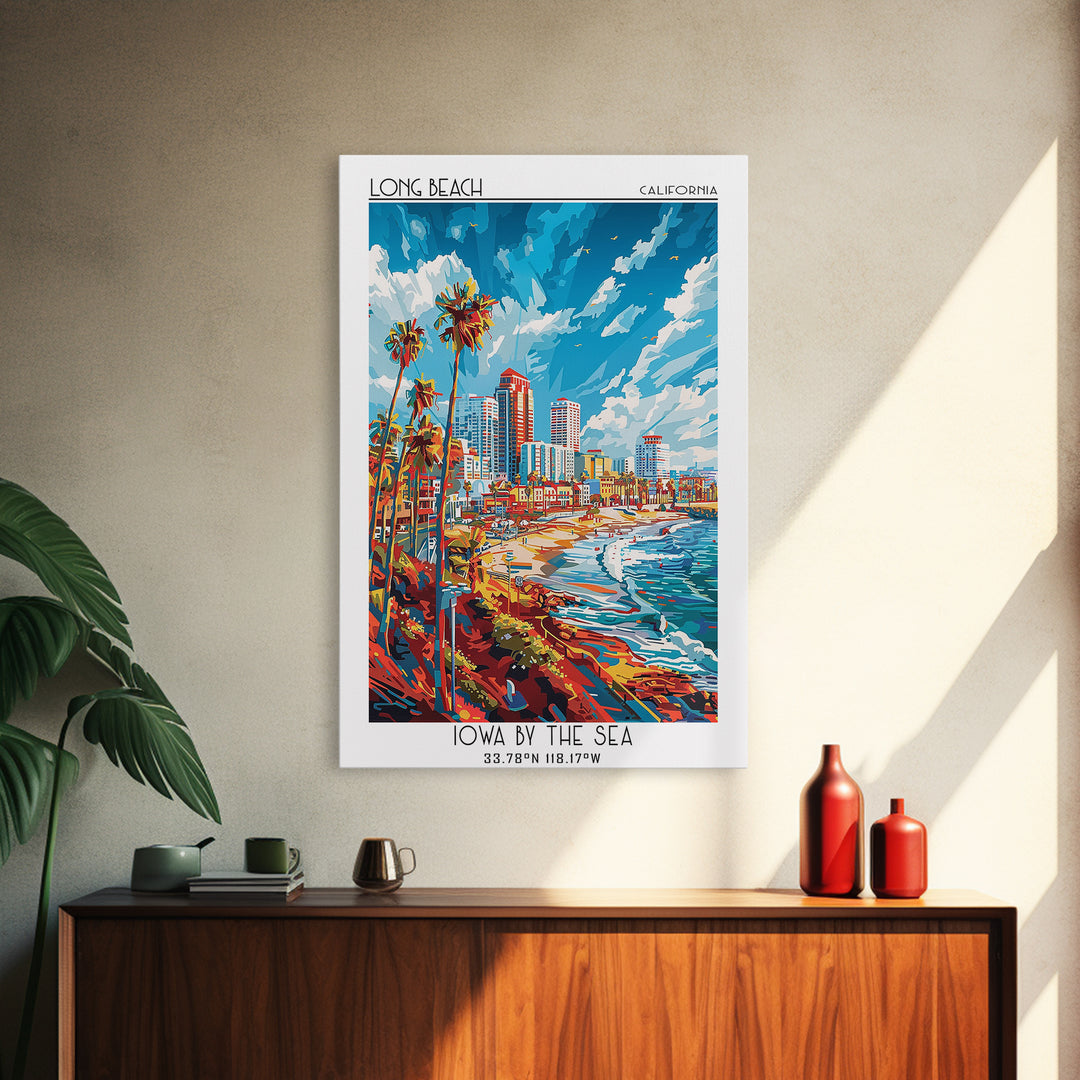 Long Beach Travel Poster, Framed Canvas Print, Travel Prints, Landscape Art, Watercolor Cityscape, Retro Wall Art, Colorful Wall Art
