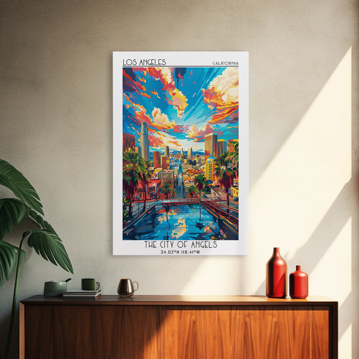 Los Angeles Travel Poster, Framed Canvas Print, Travel Prints, Landscape Art, Travel Wall Decor, Retro Wall Art, Retro Travel Poster