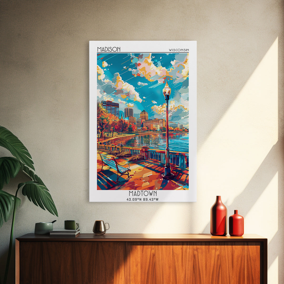 Madison Travel Poster, Framed Canvas Print, Travel Wall Art, City Wall Art, Retro Travel Poster, Travel Prints, Mid Century Wall Art