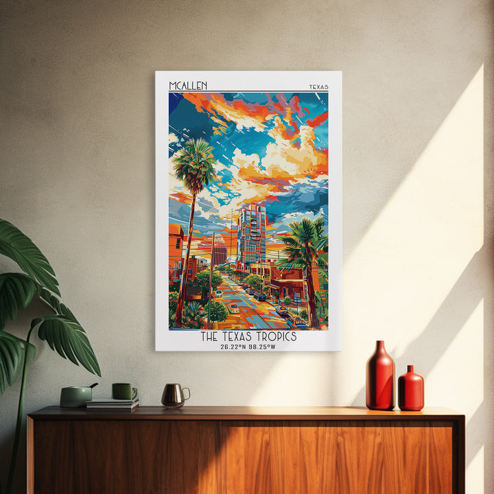 McAllen Travel Poster, Framed Canvas Print, Retro Wall Art, Travel Print, Home Decor, City Illustration, Art Print, Travel Art Print