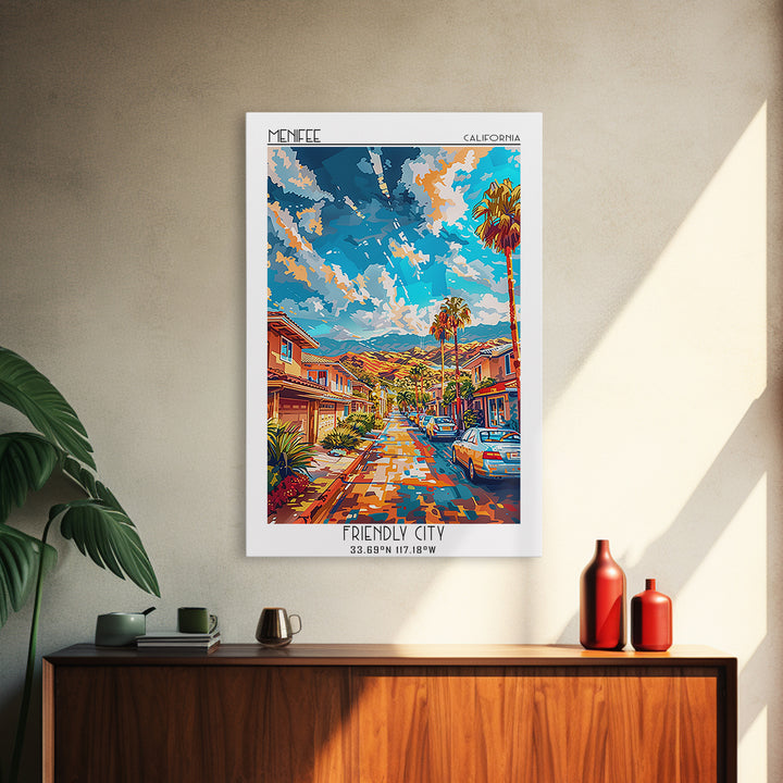 Menifee Travel Poster, Framed Canvas Print, Retro Travel Poster, City Wall Art, Living Room Wall Art, Retro Wall Art, Vintage Poster