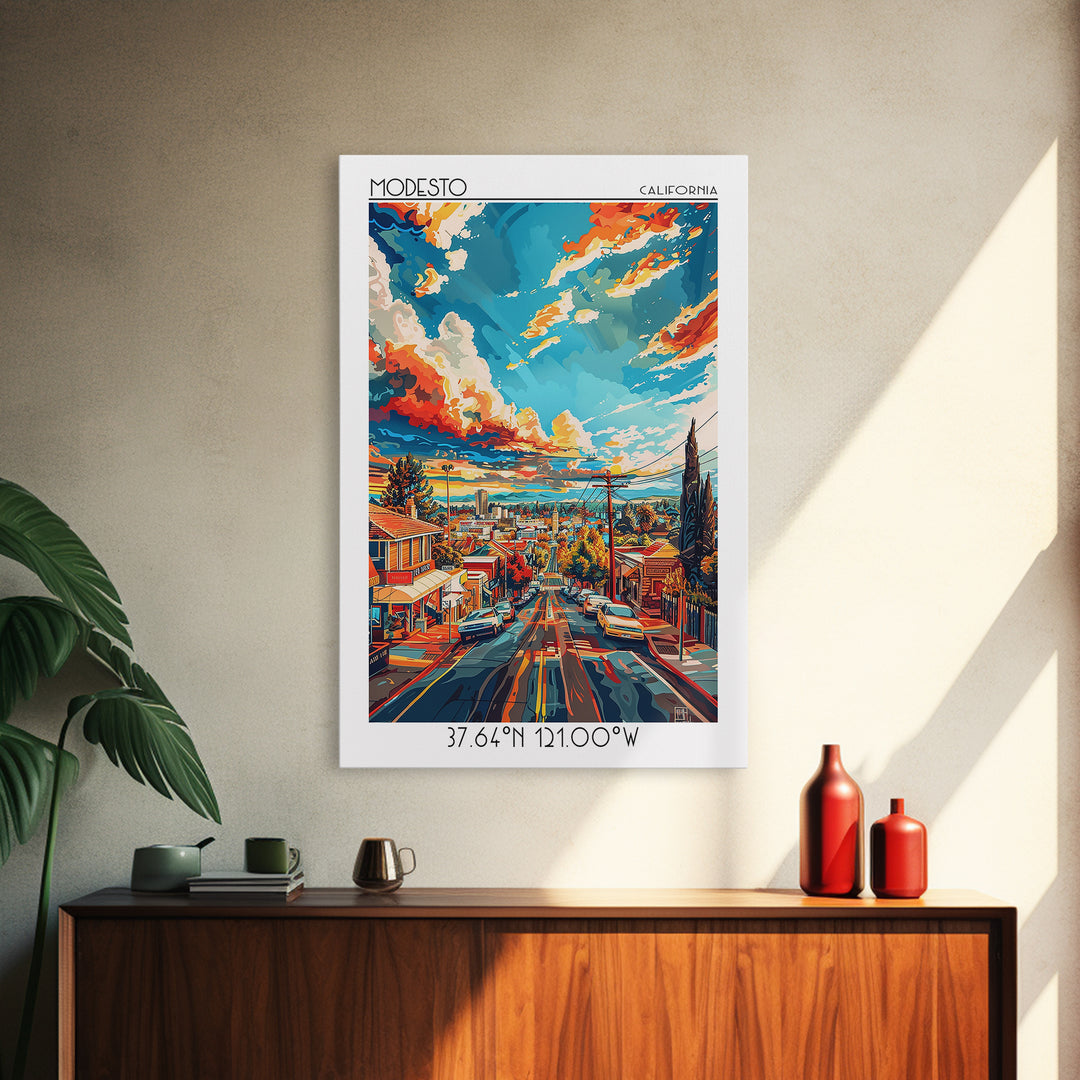 Modesto Travel Poster, Framed Canvas Print, Retro Wall Art, Travel Print, Vintage Travel, Travel Wall Art, Poster Art, City Wall Art