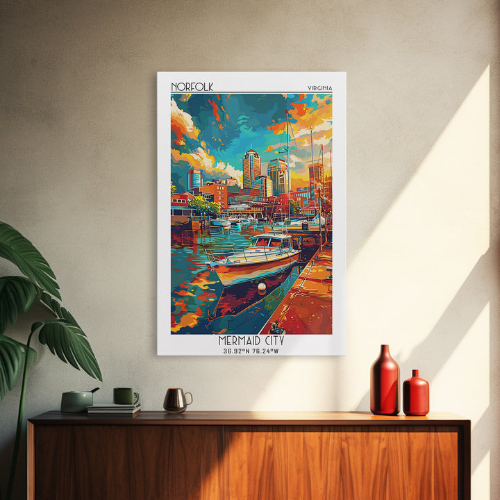 Norfolk Travel Poster, Framed Canvas Print, Retro Travel Poster, City Wall Art, City Travel Poster, Home Decor, Mid Century Wall Art