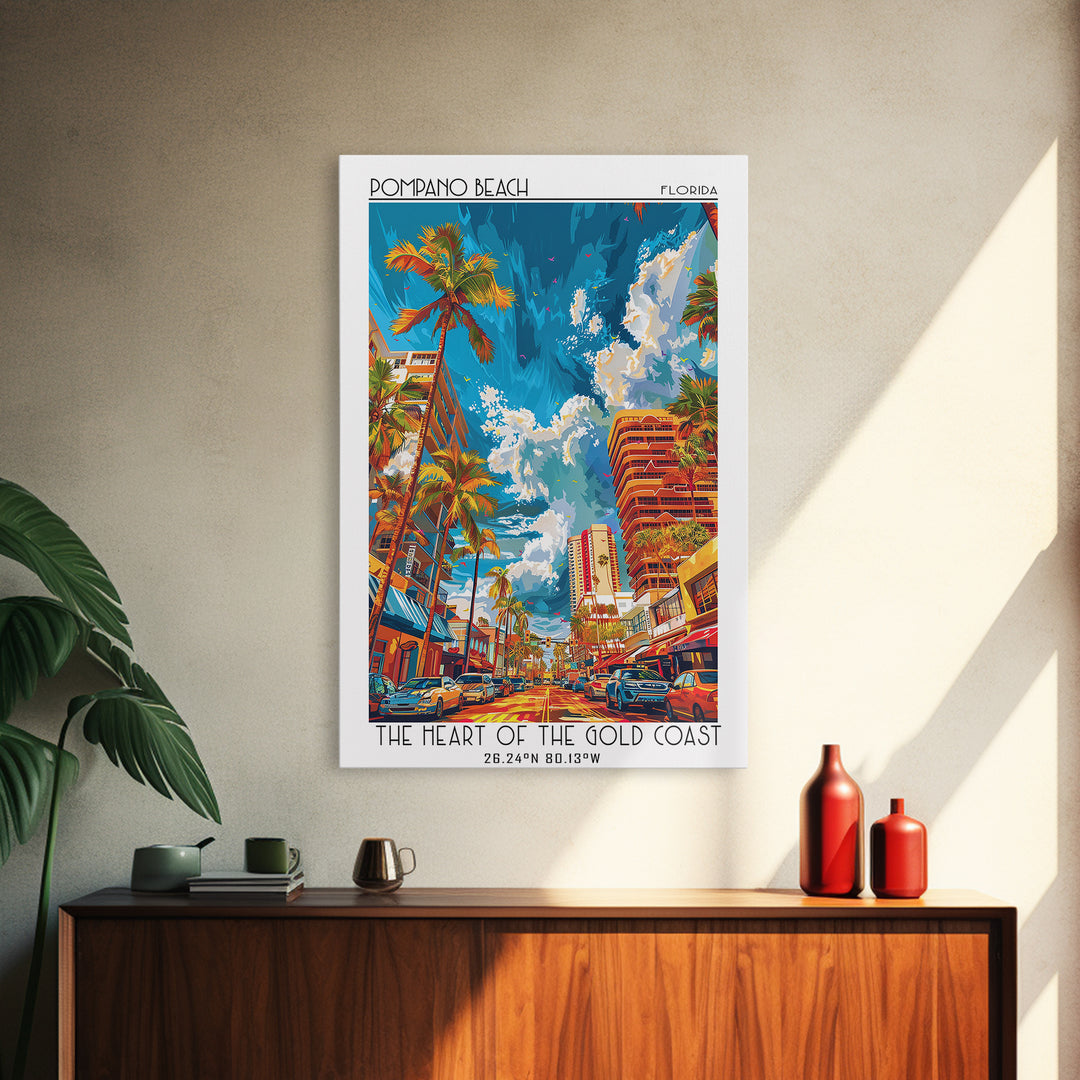 Pompano Beach Travel Poster, Framed Canvas Print, Travel Prints, Landscape Art, Minimalist Poster, Vintage City Poster, Travel Print