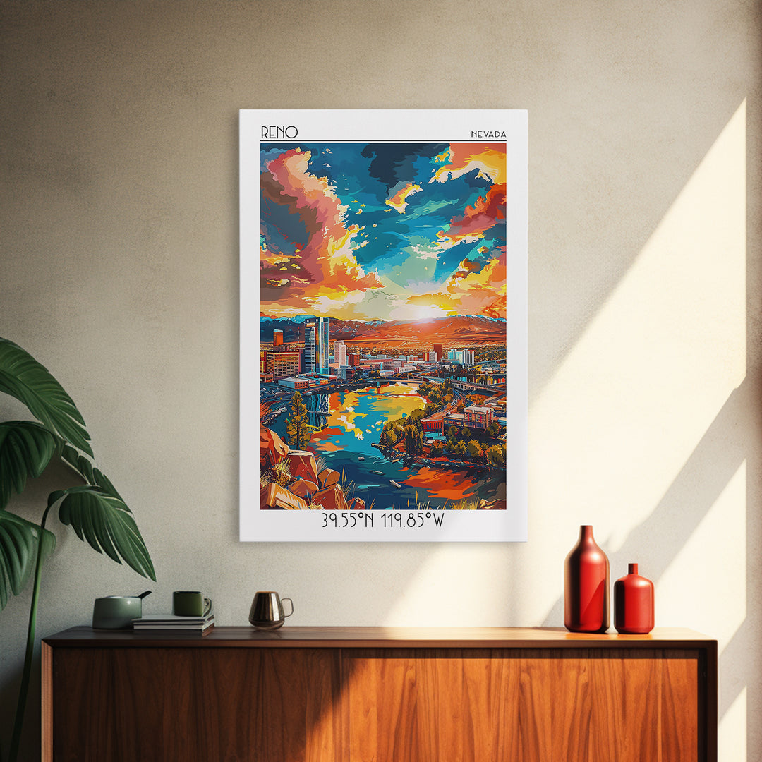 Reno Travel Poster, Framed Canvas Print, City Travel Poster, Travel Wall Art, City Illustration, Vintage City Poster, Retro Wall Art