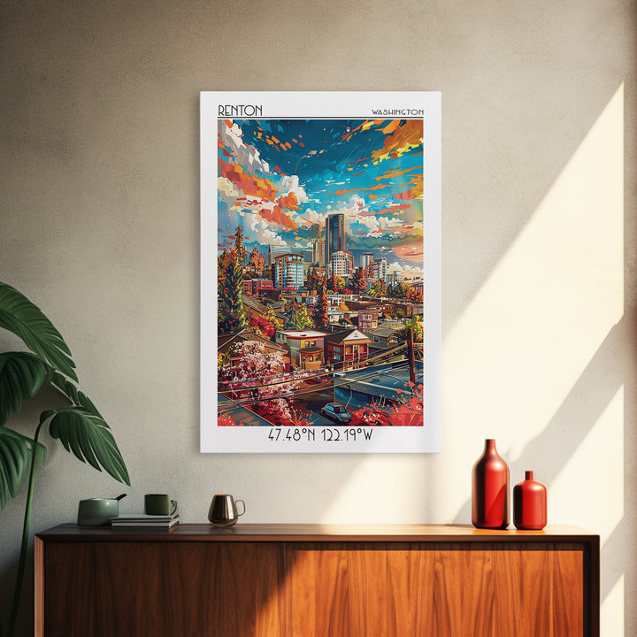 Renton Travel Poster, Canvas Print, Poster Print, Travel Wall Art, Wanderlust Gift, City Illustration, Vintage Poster, Travel Prints