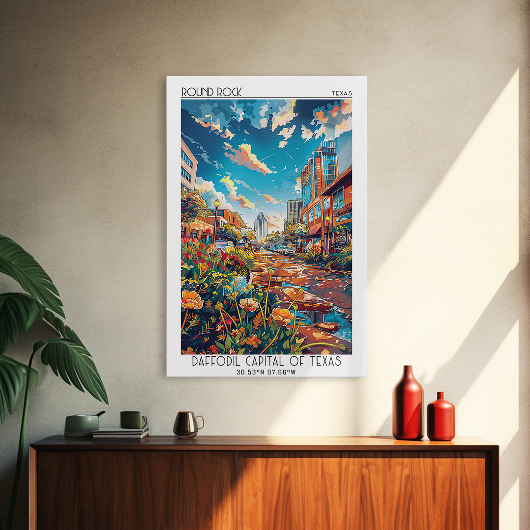Round Rock Travel Poster, Framed Canvas Print, City Art Print, Travel Wall Art, Travel Posters, Colorful Wall Art, Home Office Decor