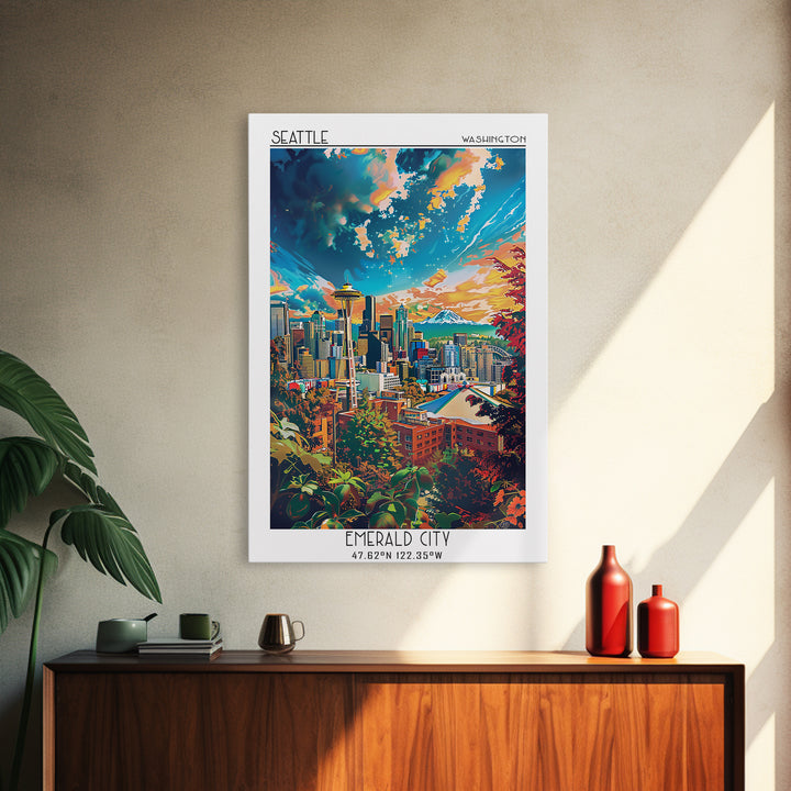 Seattle Travel Poster, Canvas Print, Retro Wall Art, Travel Print, Retro Travel Print, Home Office Decor, Wall Art, Travel Art Print