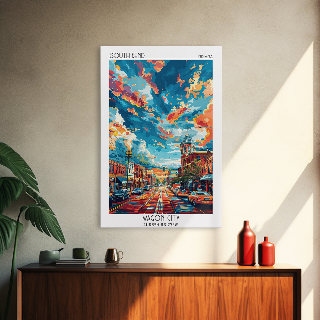 South Bend Travel Poster, Framed Canvas Print, Travel Wall Art, City Wall Art, City Art Print, City Travel Poster, Colorful Wall Art