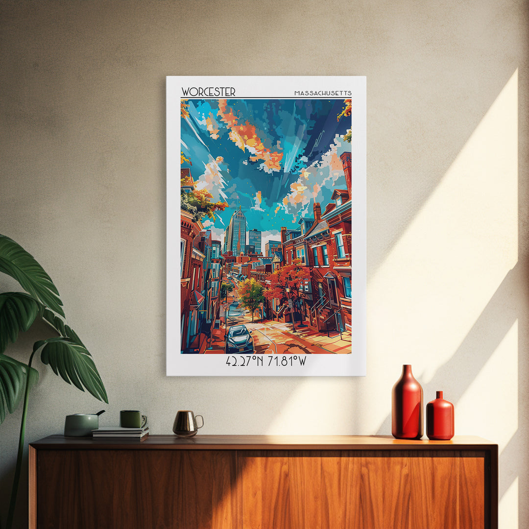 Worcester Travel Poster, Framed Canvas Print, Travel Wall Art, City Wall Art, Vintage Poster, City Illustration, Vintage City Poster