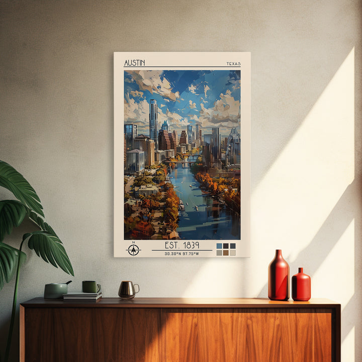 Austin Travel Poster, Framed Canvas Print, City Travel Poster, Travel Wall Art, Wanderlust Gift, Travel Art Print, City Illustration