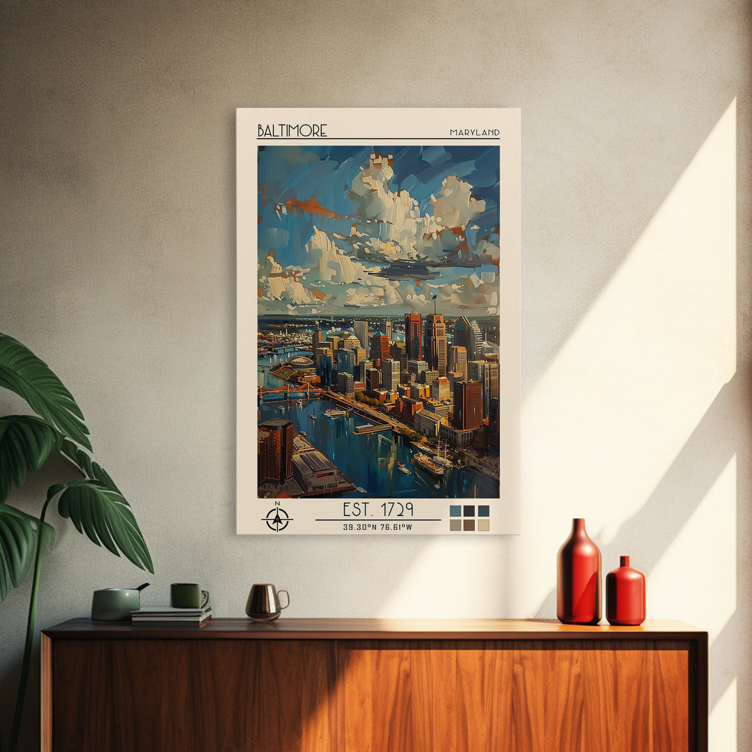 Baltimore Travel Poster, Framed Canvas Print, City Travel Poster, Travel Wall Art, Retro Wall Art, Modern Wall Decor, Fine Art Print