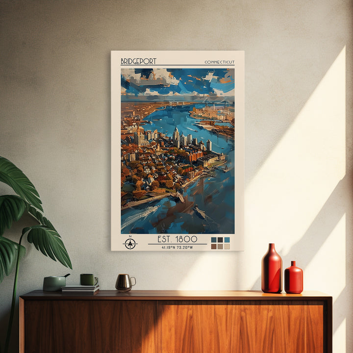 Bridgeport Travel Poster, Canvas Print, Retro Travel Poster, City Wall Art, Travel Wall Art, Colorful Wall Art, Watercolor Cityscape