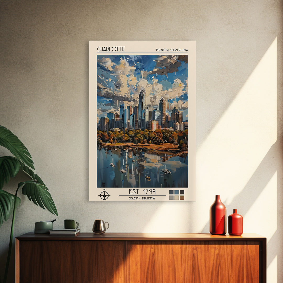 Charlotte Travel Poster, Framed Canvas Print, Travel Art Print, Modern Wall Decor, Wanderlust Gift, Watercolor Cityscape, Poster Art