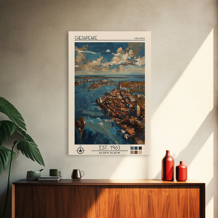 Chesapeake Travel Poster, Framed Canvas Print, Retro Wall Art, Travel Print, Watercolor Cityscape, Travel Posters, Minimalist Poster