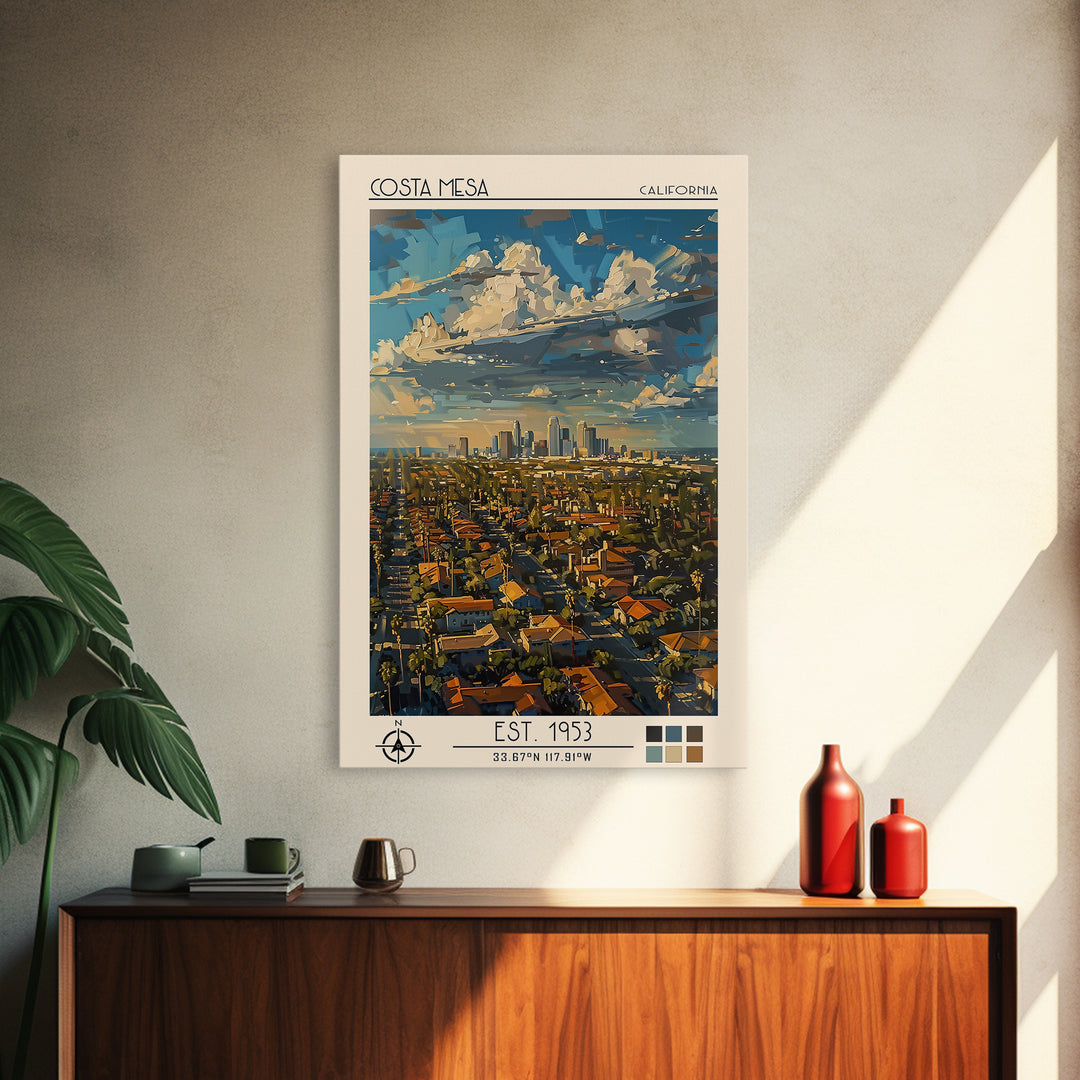 Costa Mesa Travel Poster, Framed Canvas Print, Travel Prints, Landscape Art, Travel Wall Decor, Fine Art Print, Living Room Wall Art