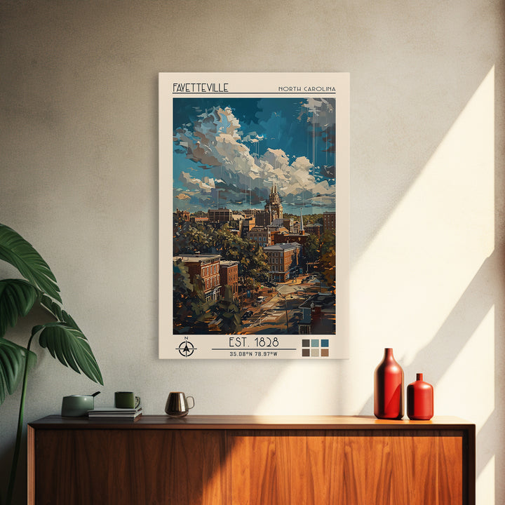 Fayetteville Travel Poster, Framed Canvas Print, Travel Wall Art, City Wall Art, Vintage Posters, Retro Wall Art, Vintage Travel Art