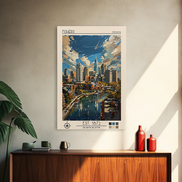 Fishers Travel Poster, Canvas Print, City Travel Poster, Travel Wall Art, Watercolor Cityscape, Gallery Wall Set, Retro Travel Print