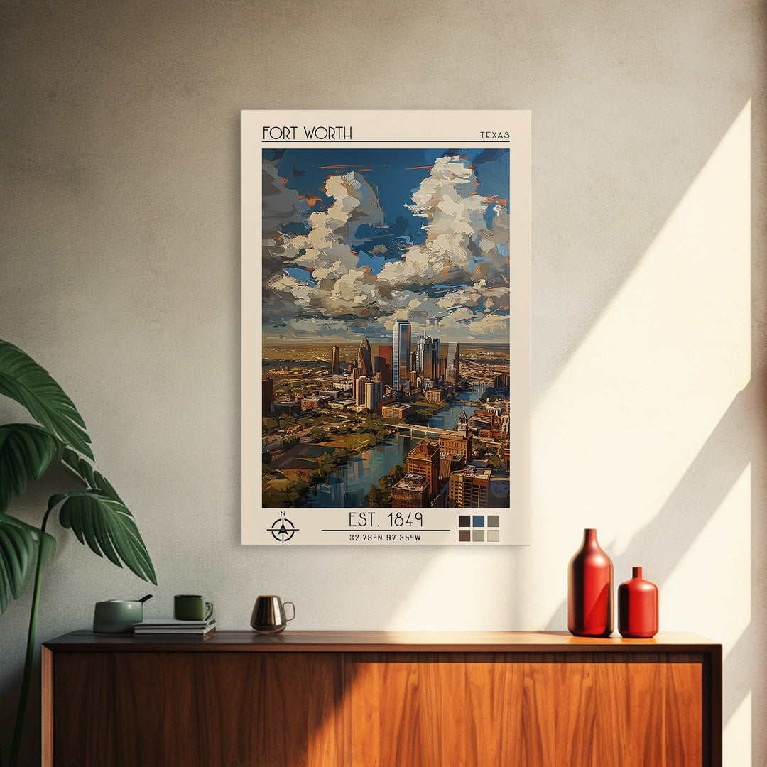 Fort Worth Travel Poster, Framed Canvas Print, Travel Prints, Landscape Art, City Art Print, Vintage Travel Art, Vintage City Poster