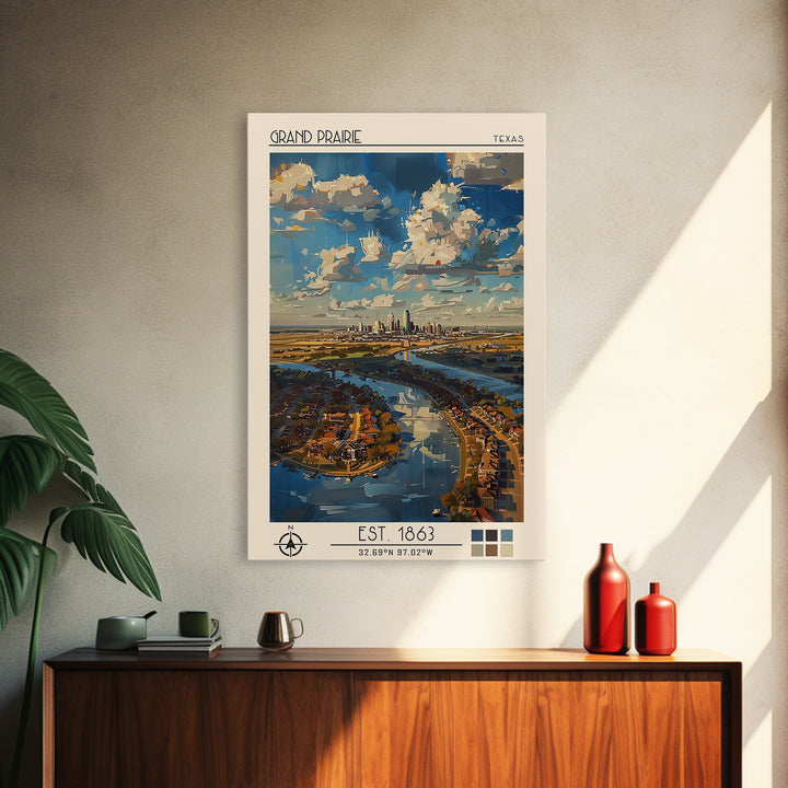 Grand Prairie Travel Poster, Framed Canvas Print, Travel Wall Art, City Wall Art, Retro Travel Print, Travel Prints, Vintage Posters