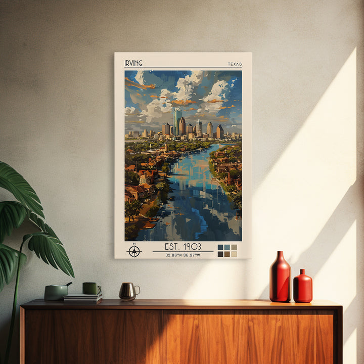 Irving Travel Poster, Framed Canvas Print, Travel Prints, Landscape Art, Retro Travel Poster, Watercolor Cityscape, Travel Art Print