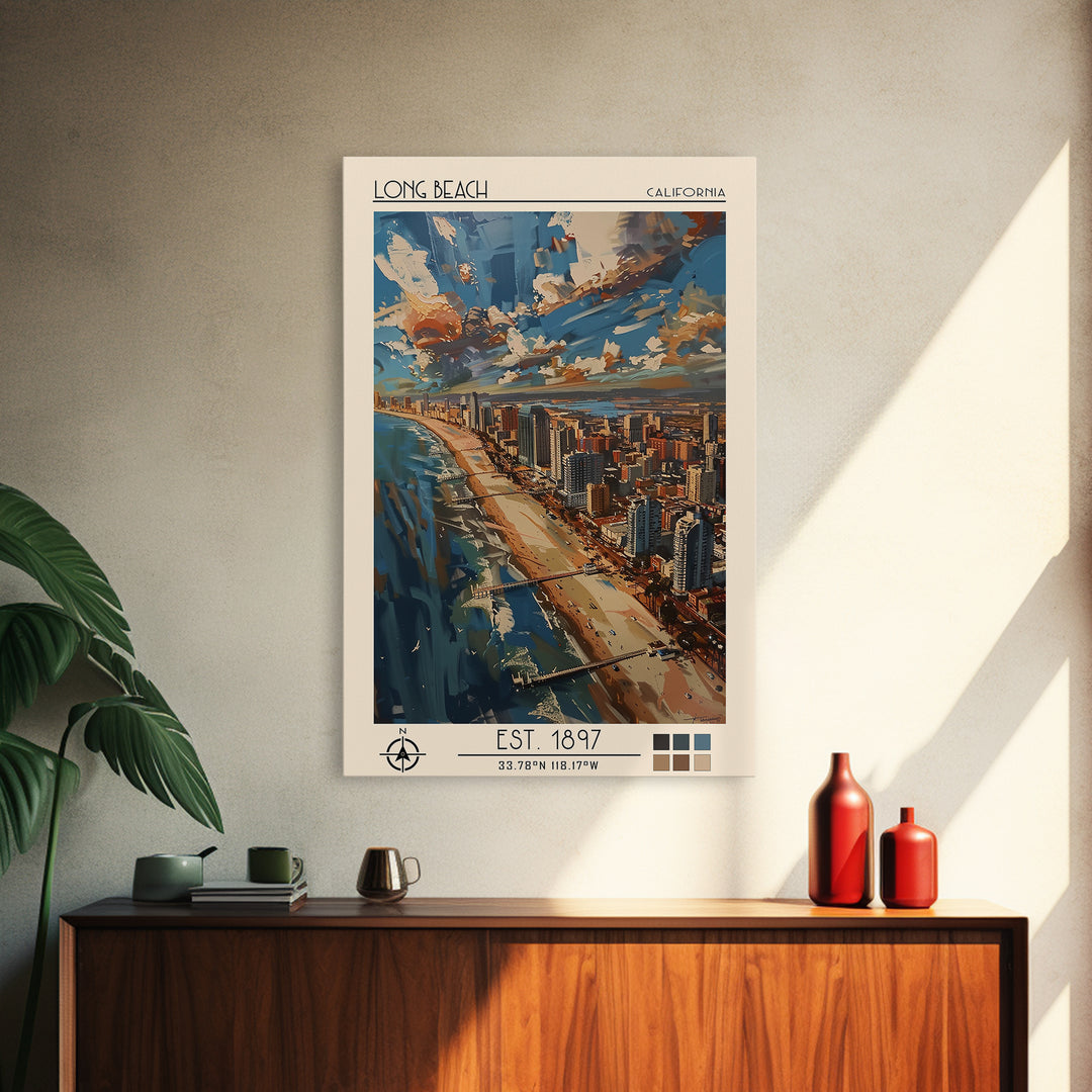 Long Beach Travel Poster, Framed Canvas Print, City Art Print, Travel Wall Art, City Travel Poster, Retro Travel Print, Poster Print