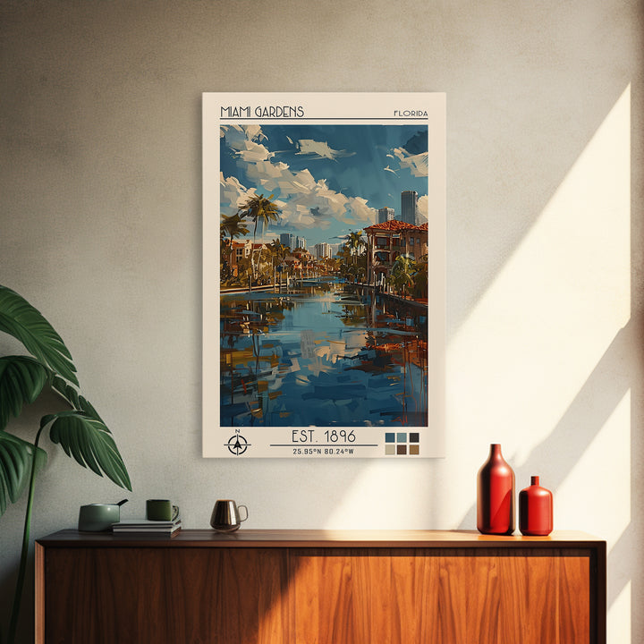 Miami Gardens Travel Poster, Framed Canvas Print, Travel Wall Art, City Wall Art, Travel Prints, Travel Art Print, Colorful Wall Art