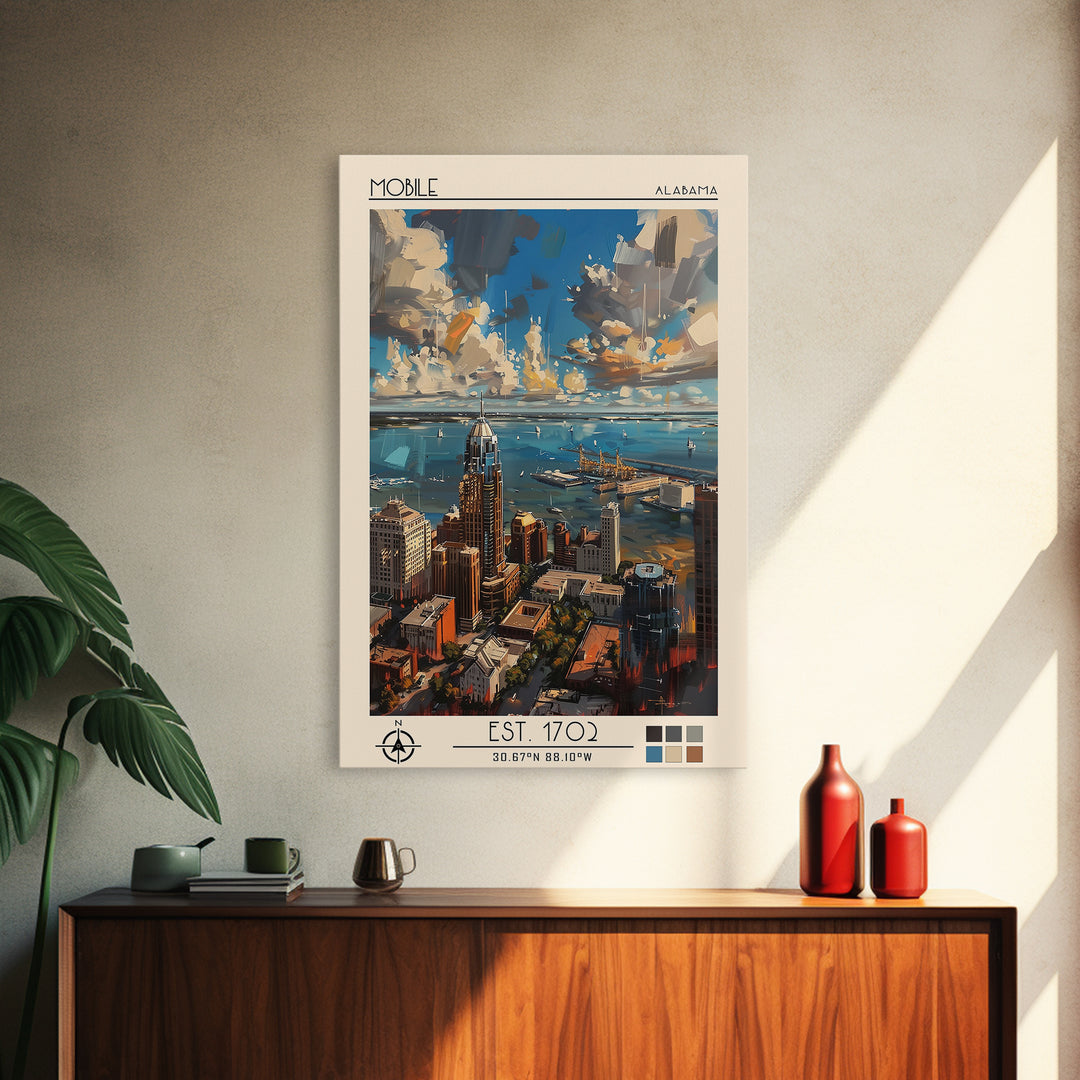 Mobile Travel Poster, Framed Canvas Print, Retro Wall Art, Travel Print, Travel Prints, Wall Art, Travel Wall Art, City Illustration