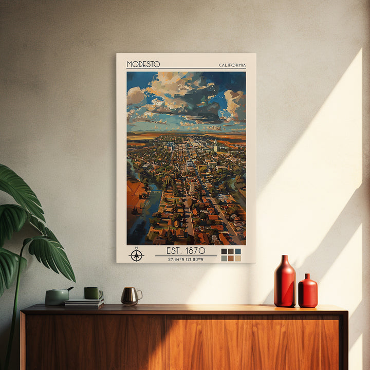 Modesto Travel Poster, Framed Canvas Print, Retro Wall Art, Travel Print, Minimalist Poster, Modern Wall Decor, Living Room Wall Art