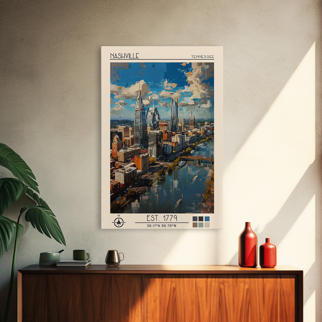 Nashville Travel Poster, Framed Canvas Print, Retro Wall Art, Travel Print, Retro Travel Print, Modern Wall Decor, Colorful Wall Art