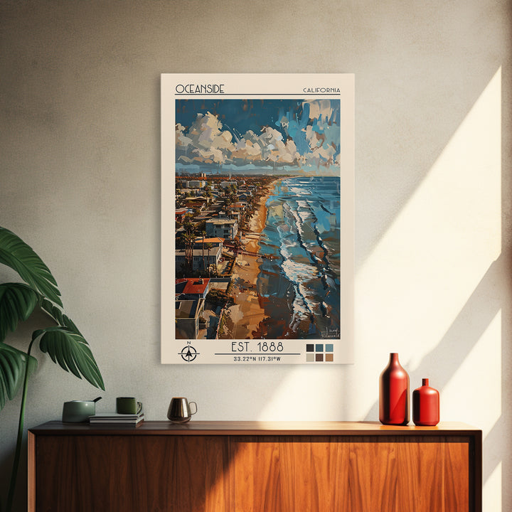 Oceanside Travel Poster, Framed Canvas Print, Retro Travel Poster, City Wall Art, Travel Decor, Retro Wall Art, Mid Century Wall Art